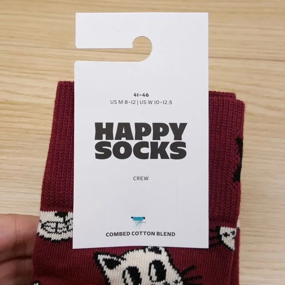 HAPPY SOCKS Crew Socks Burgundy Cat Combed Cotton Unisex Maroon M 8-12 W 10-12.5